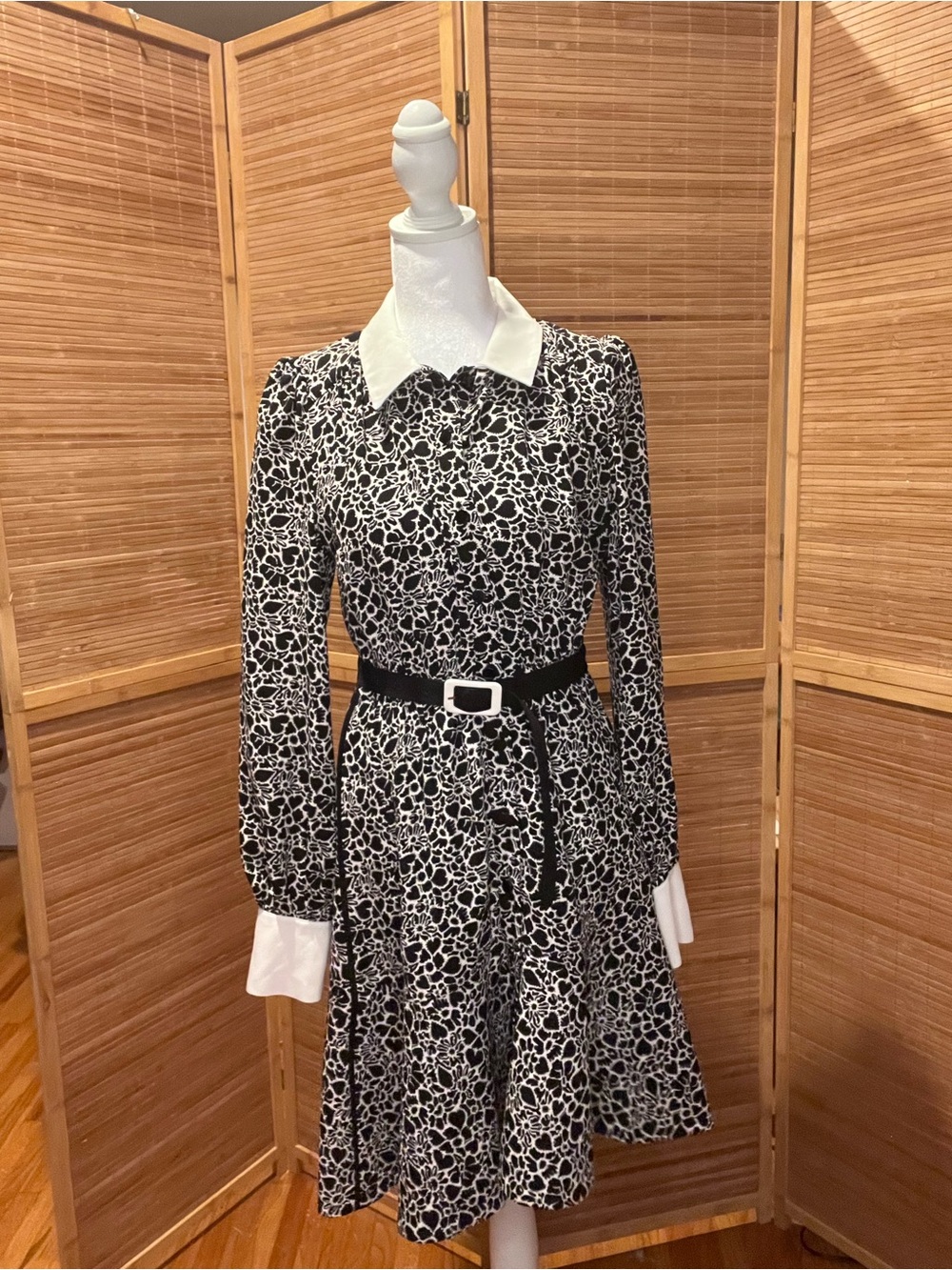 ME+EM Black and White Printed Long-Sleeve Collared Dress with Belt 4